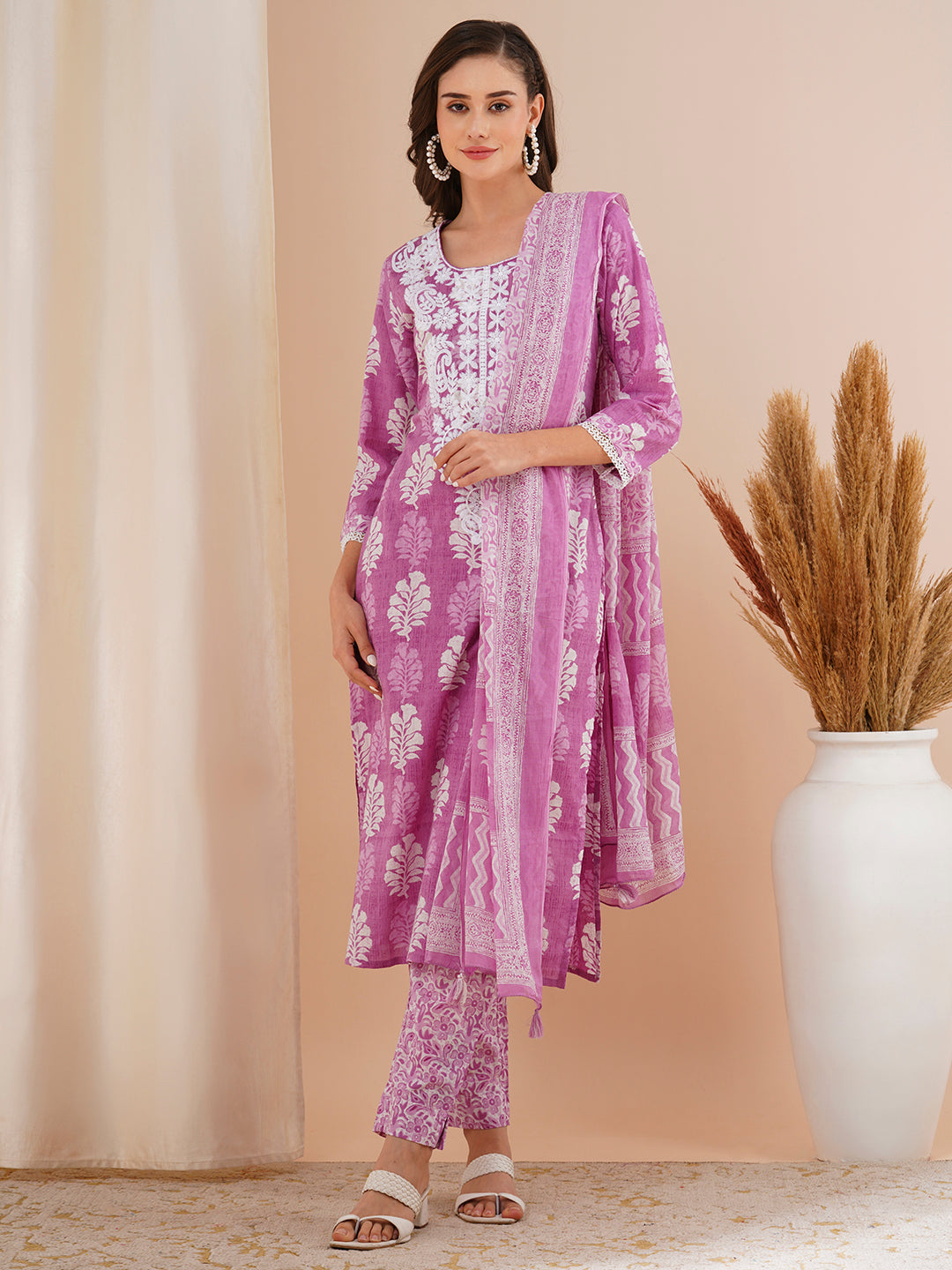 Floral Printed & Chikankari Embroidered Kurta with Pant & Dupatta - Purple