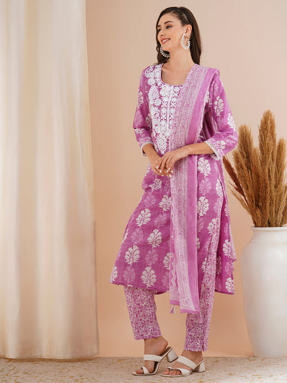 Floral Printed & Chikankari Embroidered Kurta with Pant & Dupatta - Purple