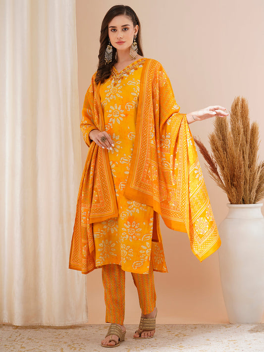 Ethnic Printed & Mirror Embroidered Straight Kurta with Pant & Dupatta - Yellow