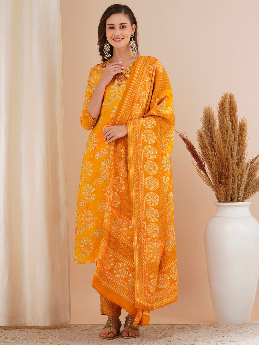 Ethnic Printed & Mirror Embroidered Straight Kurta with Pant & Dupatta - Yellow