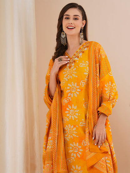 Ethnic Printed & Mirror Embroidered Straight Kurta with Pant & Dupatta - Yellow