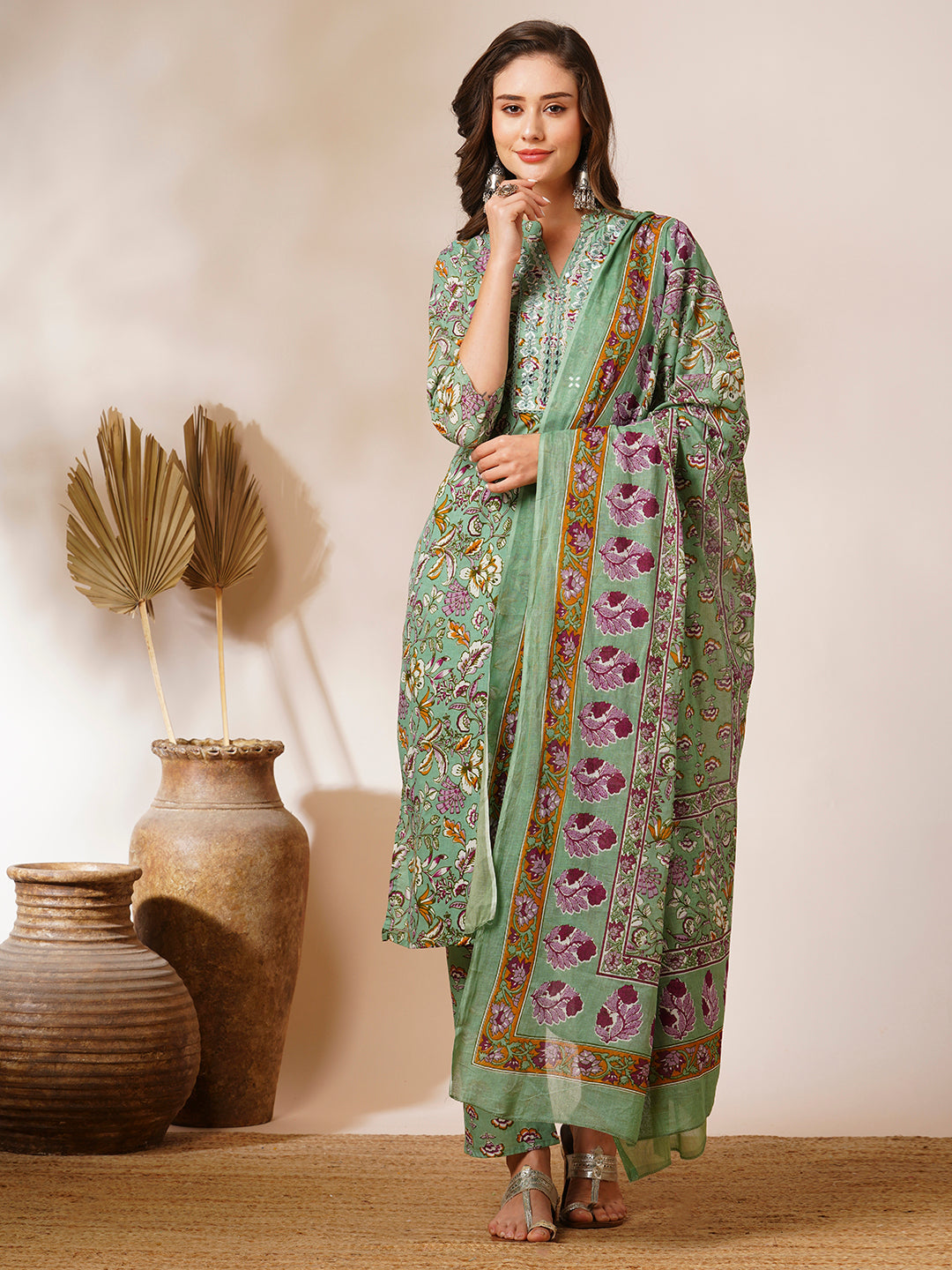 Ethnic Floral Printed Straight Fit Kurta with Pant & Dupatta - Pastel Green