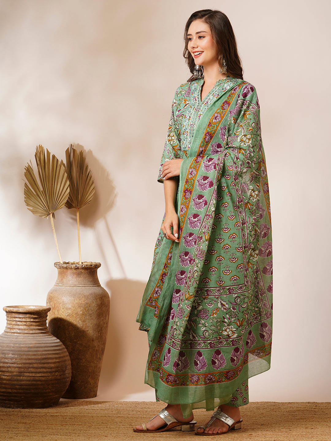 Ethnic Floral Printed Straight Fit Kurta with Pant & Dupatta - Pastel Green