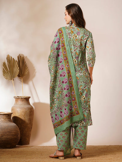 Ethnic Floral Printed Straight Fit Kurta with Pant & Dupatta - Pastel Green