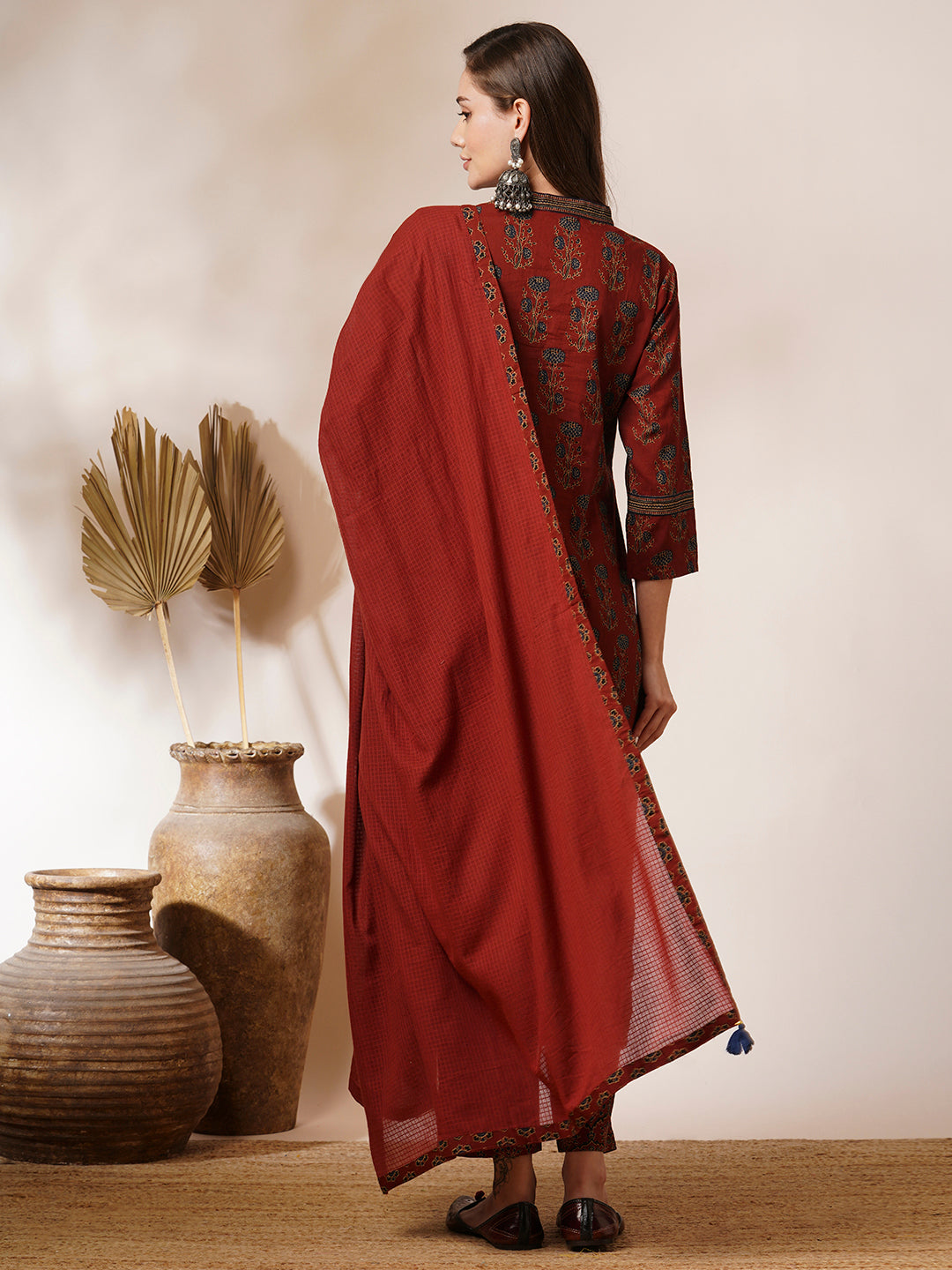 Ethnic Floral Printed Schiffli Embroidered Straight Fit Kurta with Pant and Dupatta - Brown