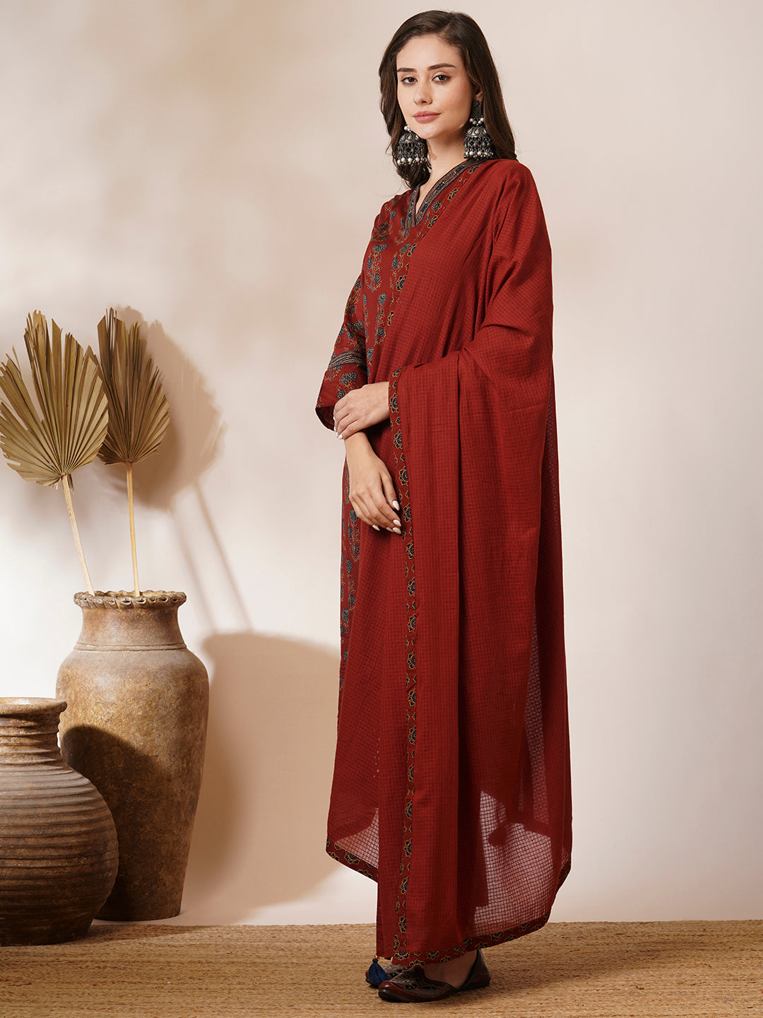 Ethnic Floral Printed Schiffli Embroidered Straight Fit Kurta with Pant and Dupatta - Brown