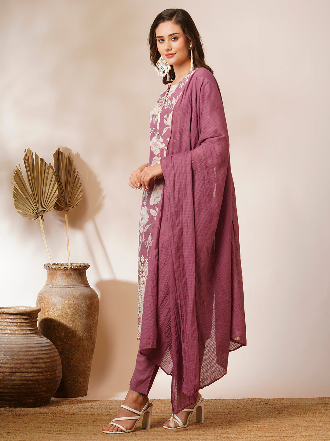 Floral Printed & Schiffli Embroidered Straight Fit Kurta with Pant and Dupatta - Mauve