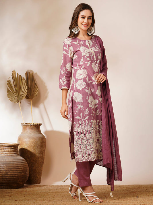 Floral Printed & Schiffli Embroidered Straight Fit Kurta with Pant and Dupatta - Mauve