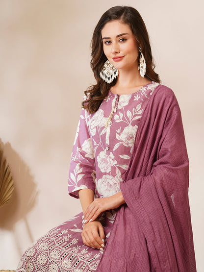 Floral Printed & Schiffli Embroidered Straight Fit Kurta with Pant and Dupatta - Mauve