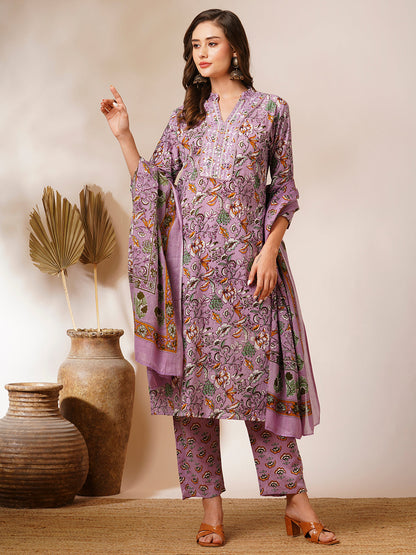 Floral Printed & Mirror Embroidered Straight Kurta with Pant and Dupatta - Lavender