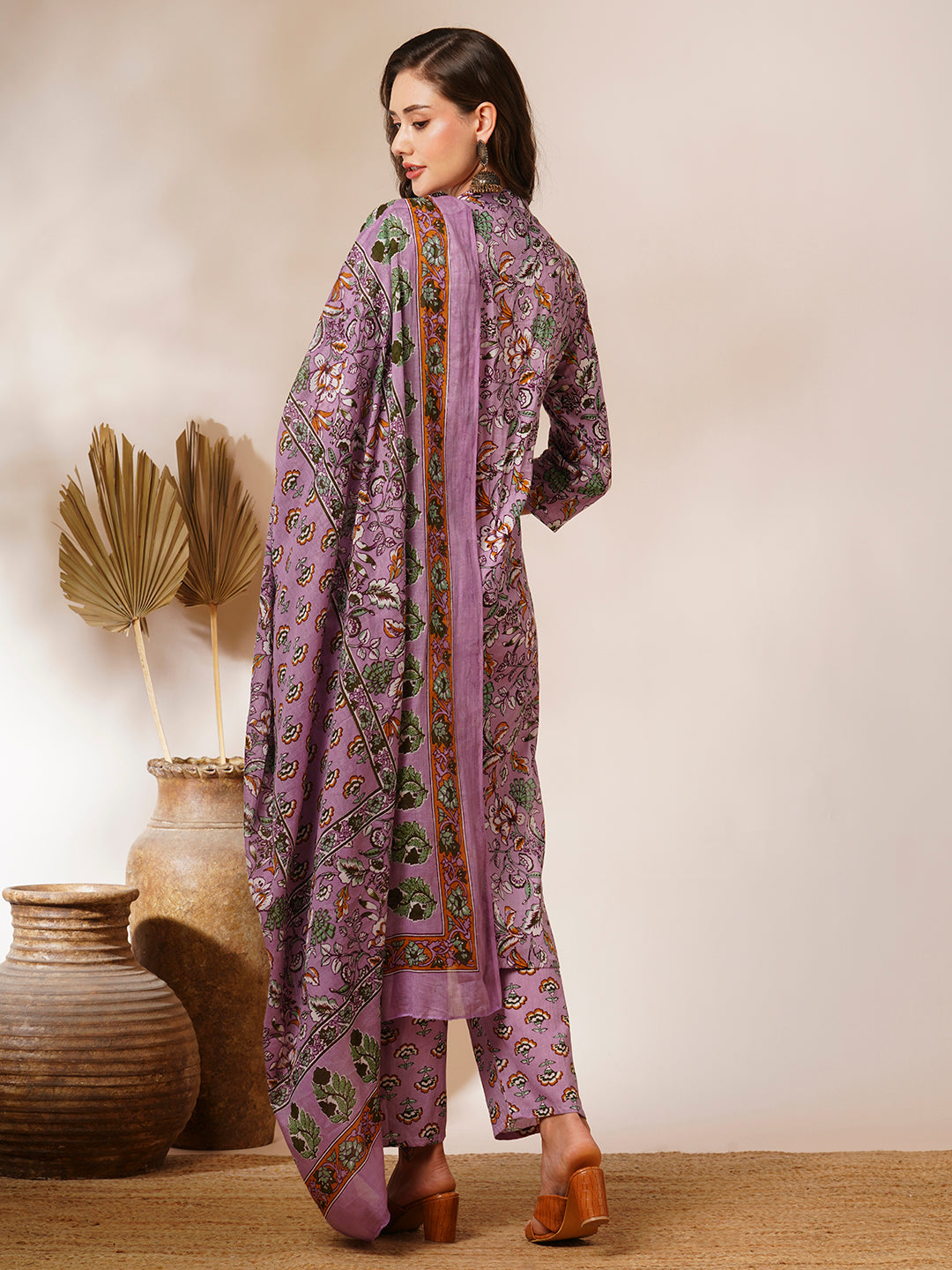 Floral Printed & Mirror Embroidered Straight Kurta with Pant and Dupatta - Lavender