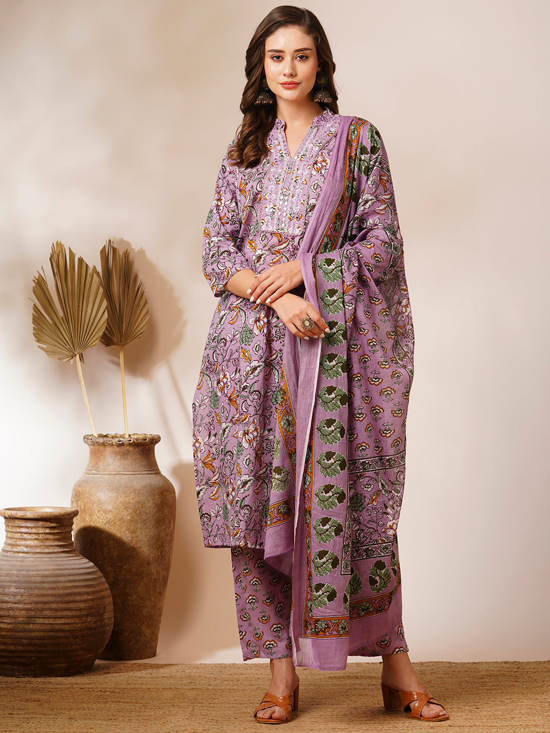 Floral Printed & Mirror Embroidered Straight Kurta with Pant and Dupatta - Lavender