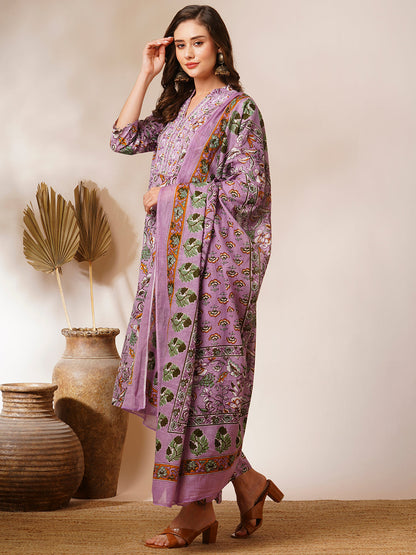 Floral Printed & Mirror Embroidered Straight Kurta with Pant and Dupatta - Lavender