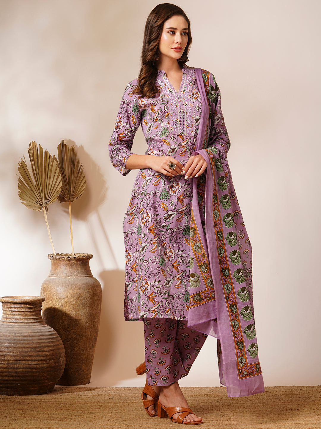 Floral Printed & Mirror Embroidered Straight Kurta with Pant and Dupatta - Lavender