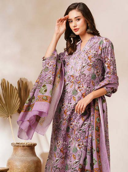 Floral Printed & Mirror Embroidered Straight Kurta with Pant and Dupatta - Lavender