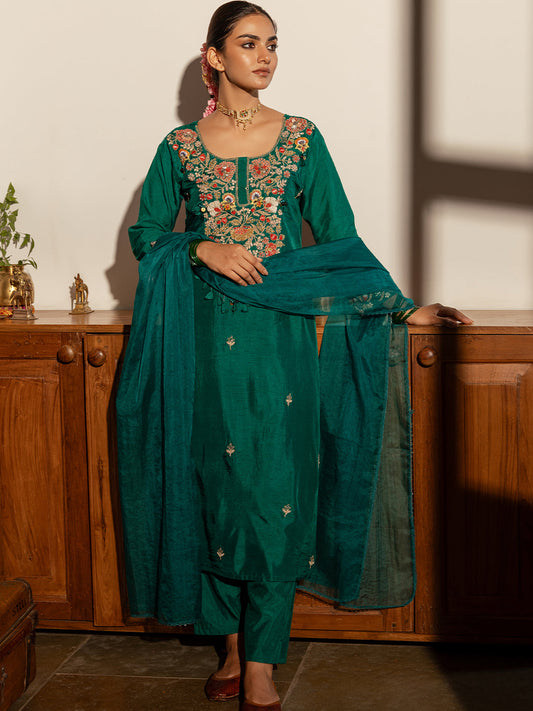 Floral Hand Embroidered Straight Fit Kurta with Pant and Dupatta - Green