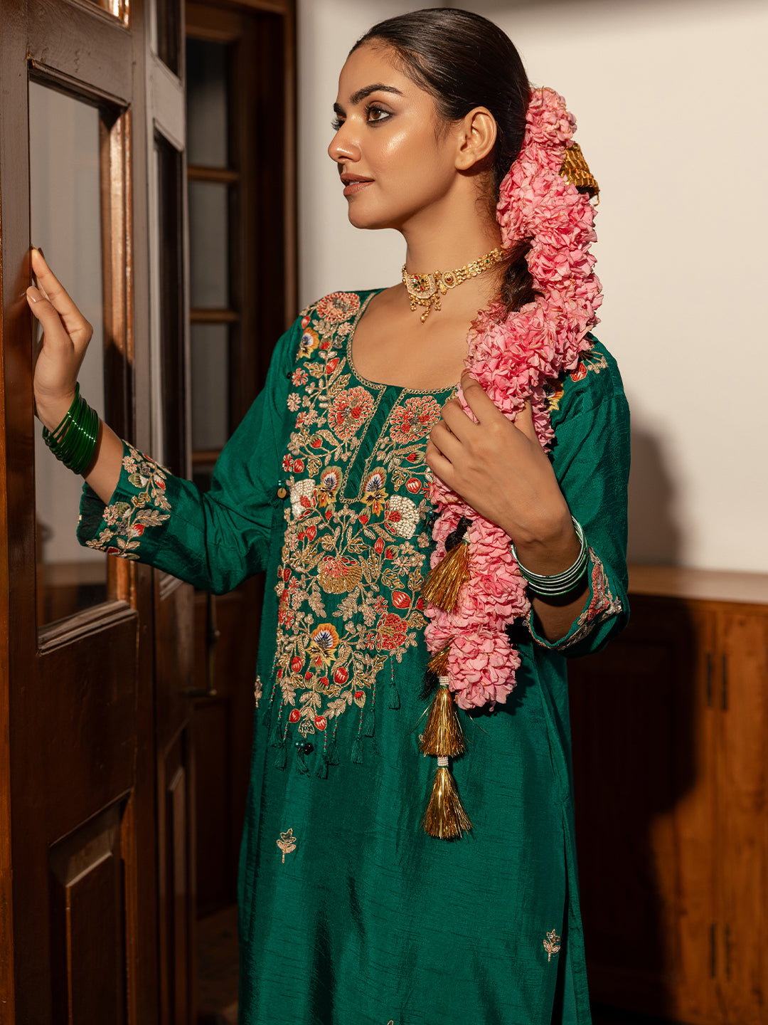 Floral Hand Embroidered Straight Fit Kurta with Pant and Dupatta - Green