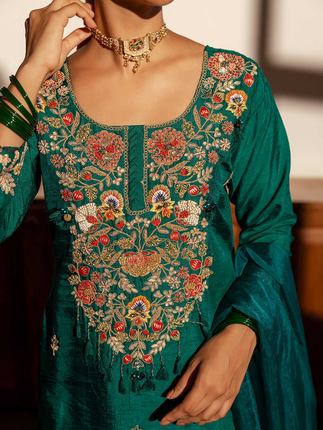 Floral Hand Embroidered Straight Fit Kurta with Pant and Dupatta - Green