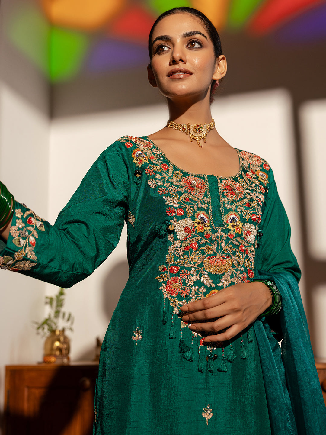 Floral Hand Embroidered Straight Fit Kurta with Pant and Dupatta - Green