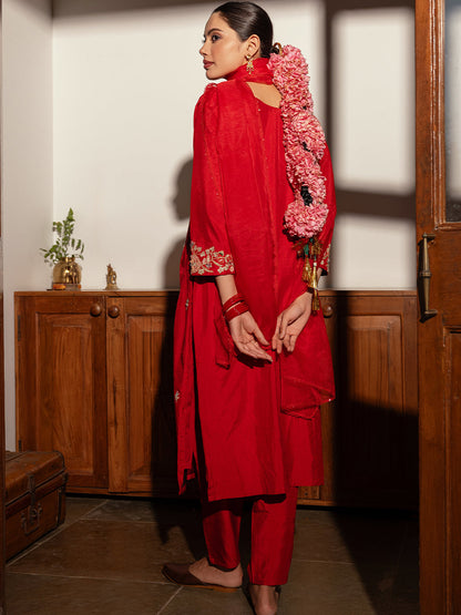 Floral Hand Embroidered Straight Fit Kurta with Pant and Dupatta - Red