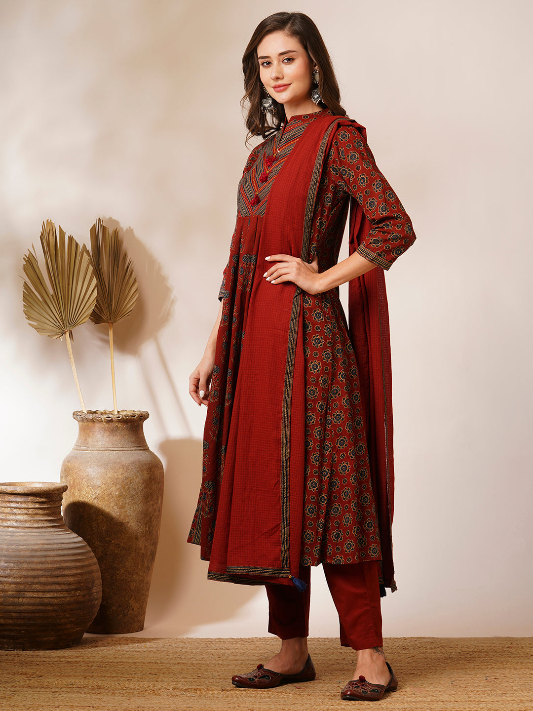 Ethnic Floral Printed A-Line Peated Kurta with Pant & Dupatta - Brown