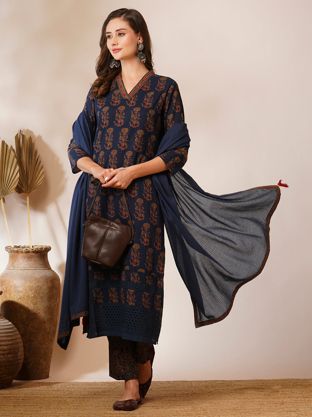 Ethnic Floral Printed A-Line Peated Kurta with Pant & Dupatta - Teal Blue