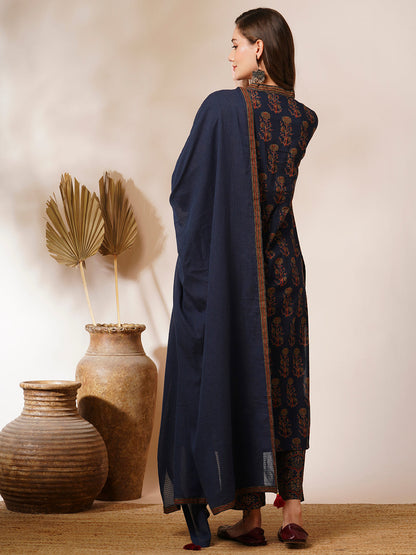 Ethnic Floral Printed A-Line Peated Kurta with Pant & Dupatta - Teal Blue