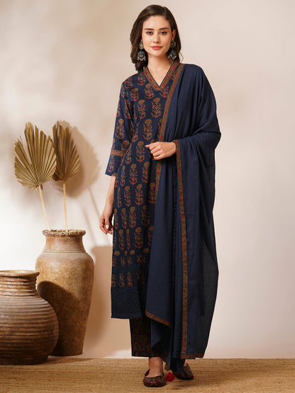 Ethnic Floral Printed A-Line Peated Kurta with Pant & Dupatta - Teal Blue