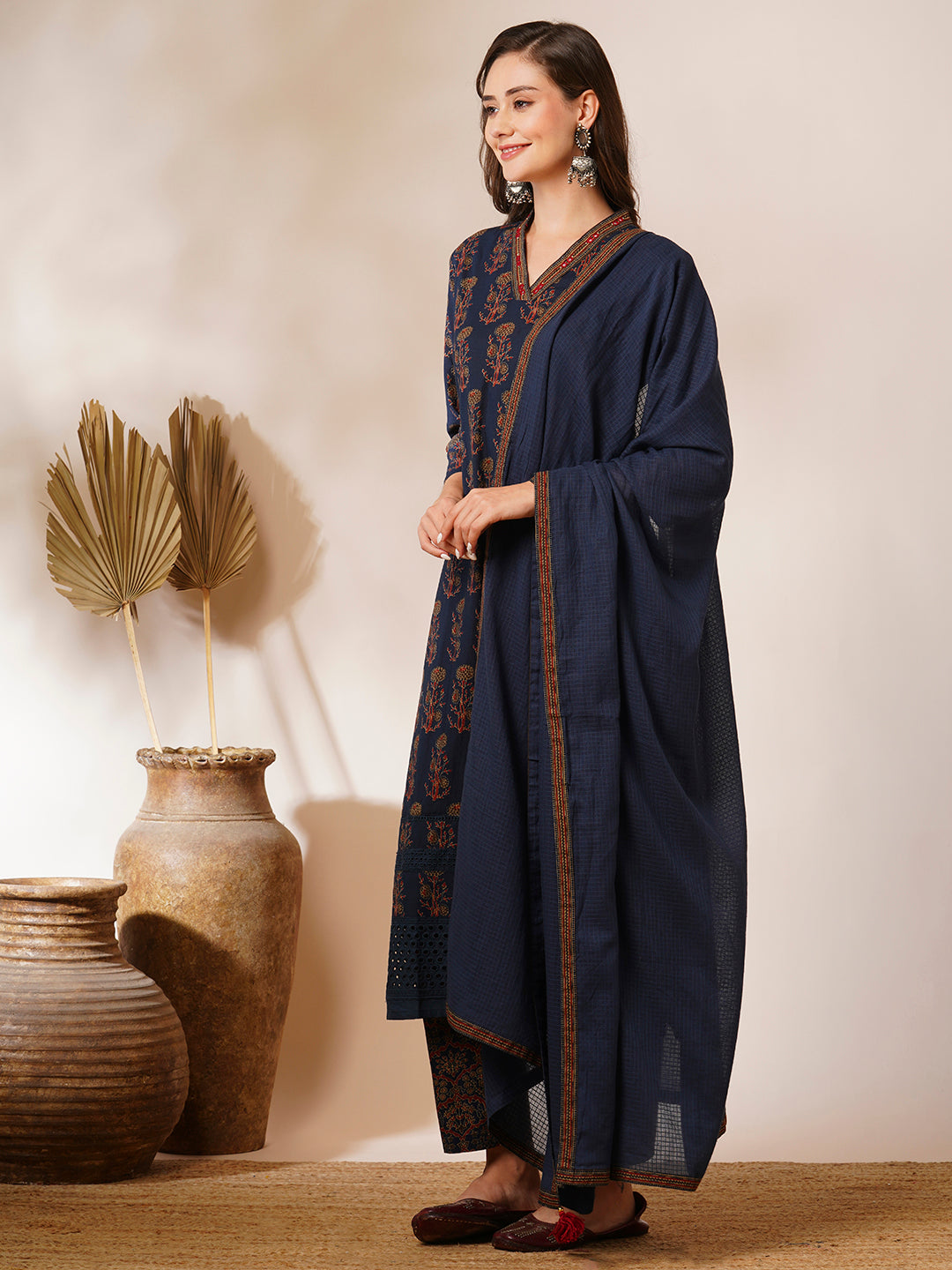 Ethnic Floral Printed A-Line Peated Kurta with Pant & Dupatta - Teal Blue