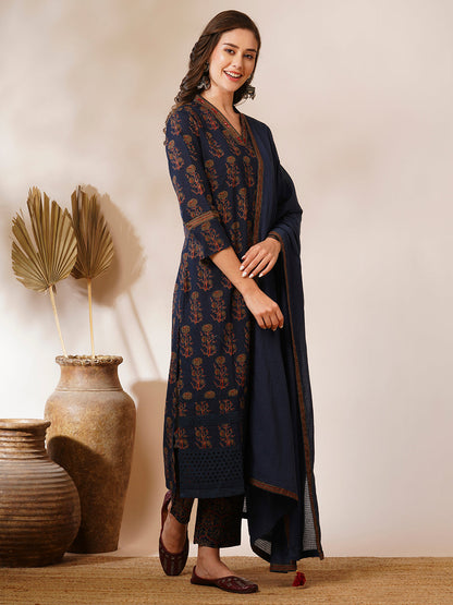 Ethnic Floral Printed A-Line Peated Kurta with Pant & Dupatta - Teal Blue