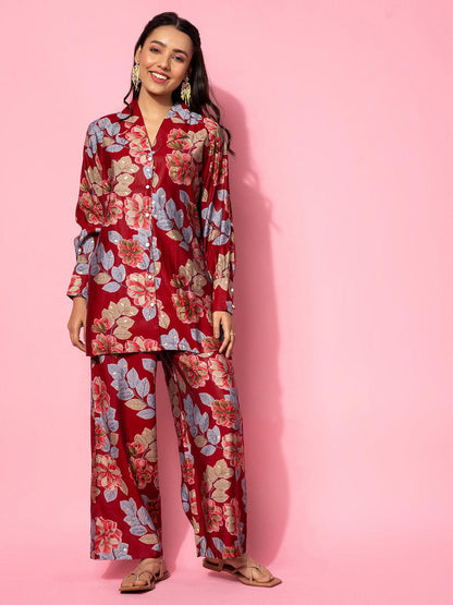 Maroon Printed Silk Blend Co-Ords