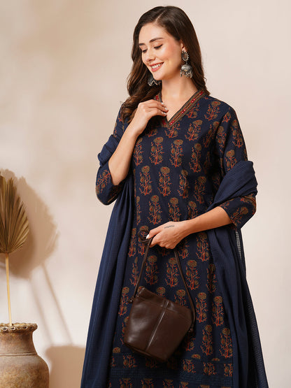 Ethnic Floral Printed A-Line Peated Kurta with Pant & Dupatta - Teal Blue