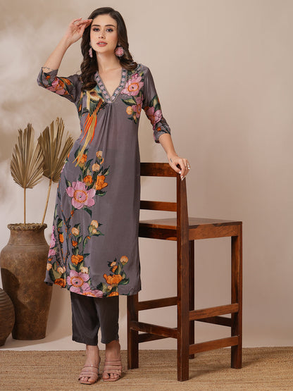 Floral Abstract Printed Zari Embroidered A-Line Kurta with Pant - Greyc