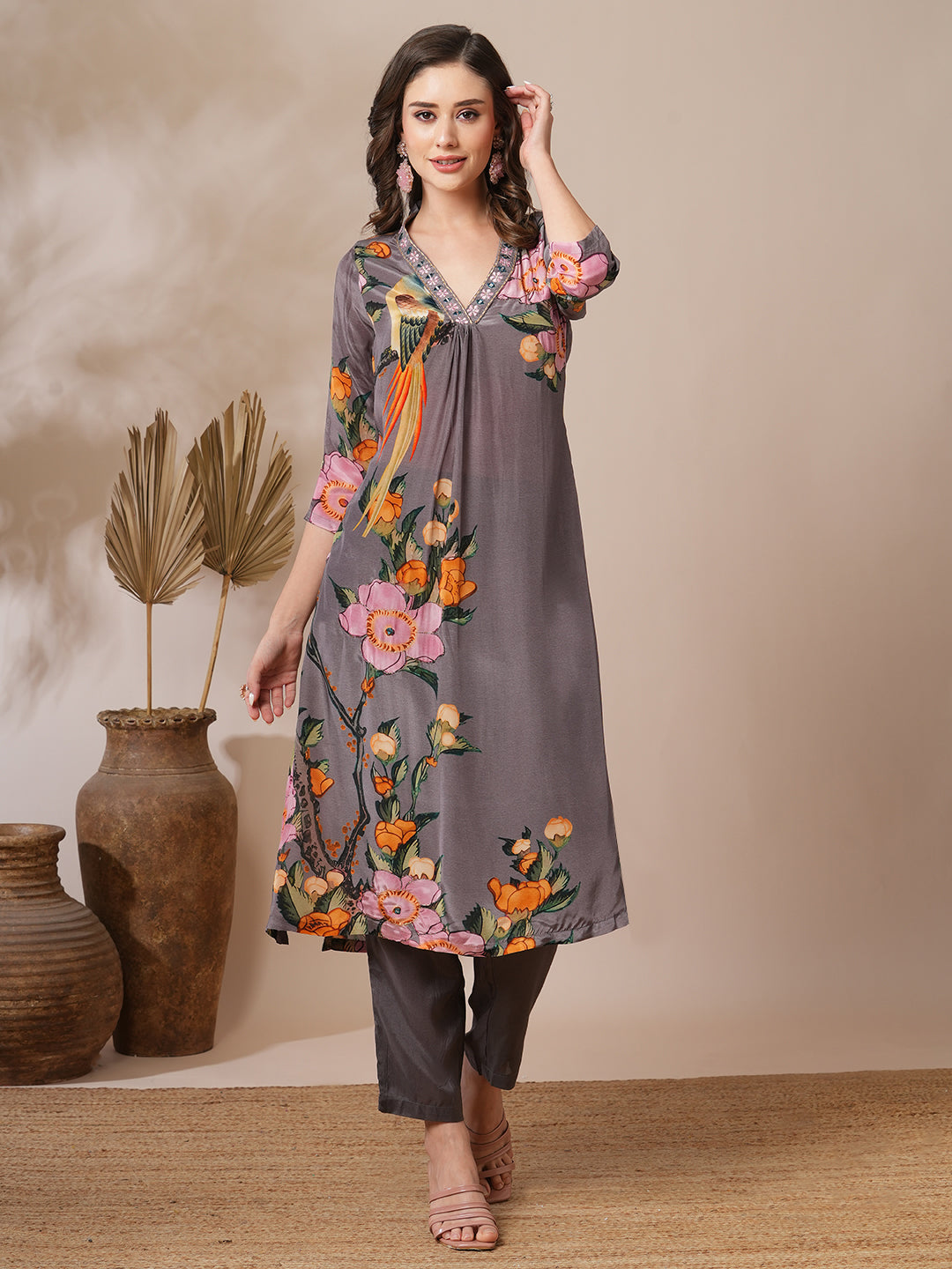 Floral Abstract Printed Zari Embroidered A-Line Kurta with Pant - Greyc