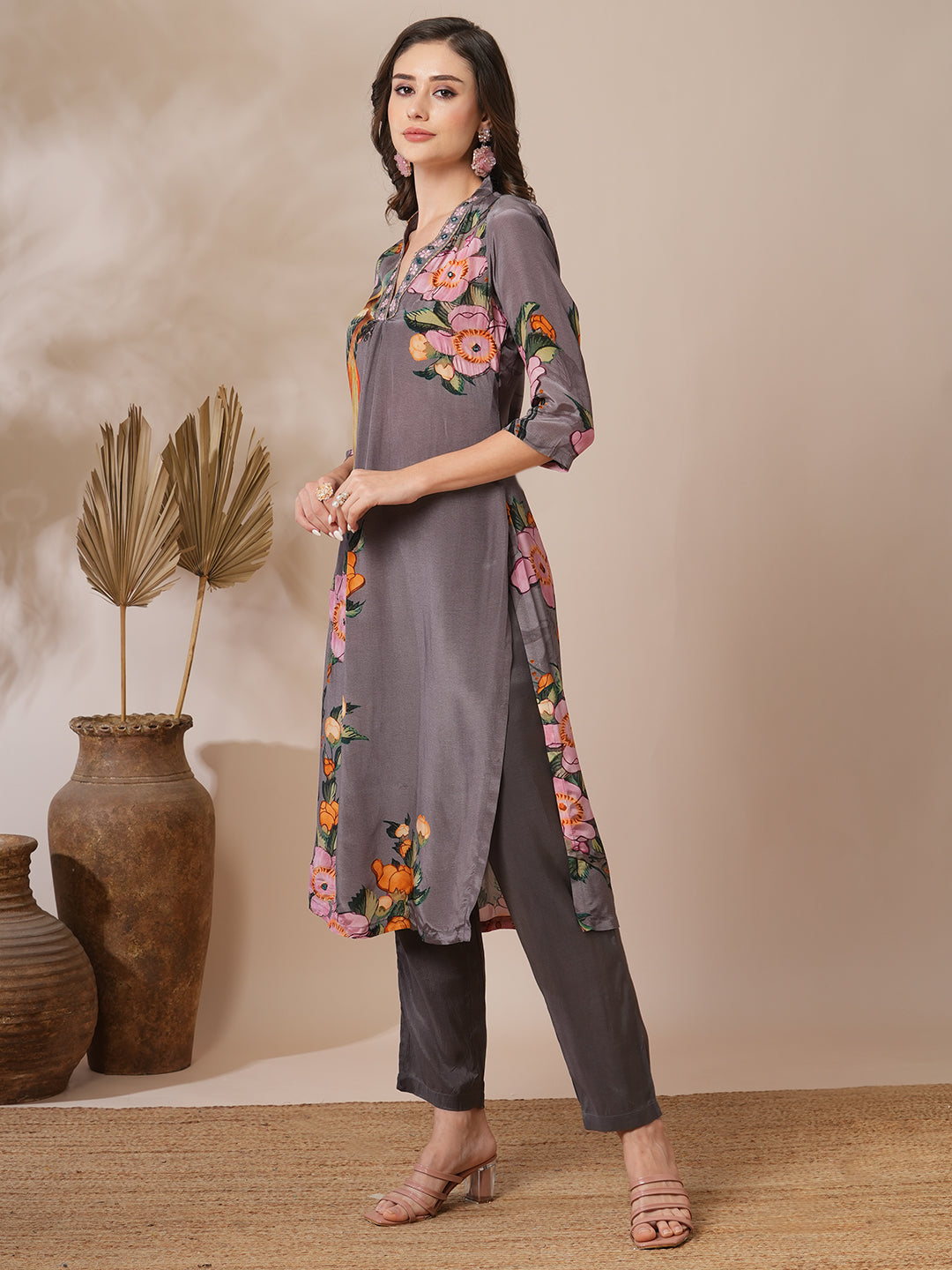 Floral Abstract Printed Zari Embroidered A-Line Kurta with Pant - Greyc