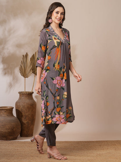 Floral Abstract Printed Zari Embroidered A-Line Kurta with Pant - Greyc