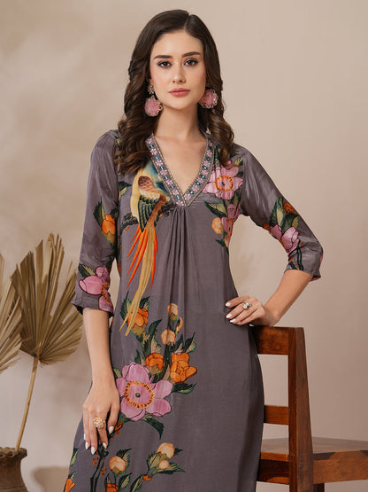 Floral Abstract Printed Zari Embroidered A-Line Kurta with Pant - Greyc