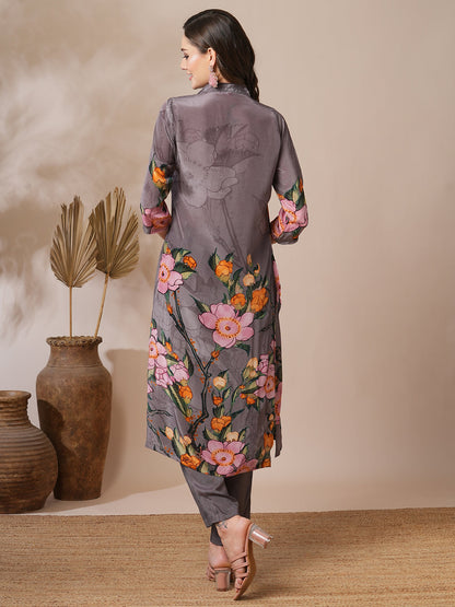 Floral Abstract Printed Zari Embroidered A-Line Kurta with Pant - Greyc