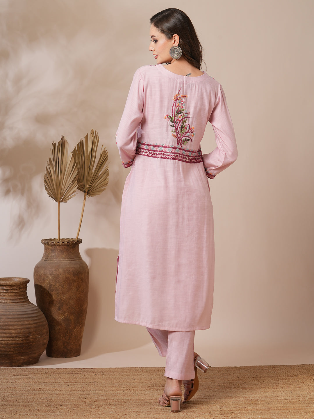 Floral Hand Embroidered Straight Fit Co-ord Set - Pink