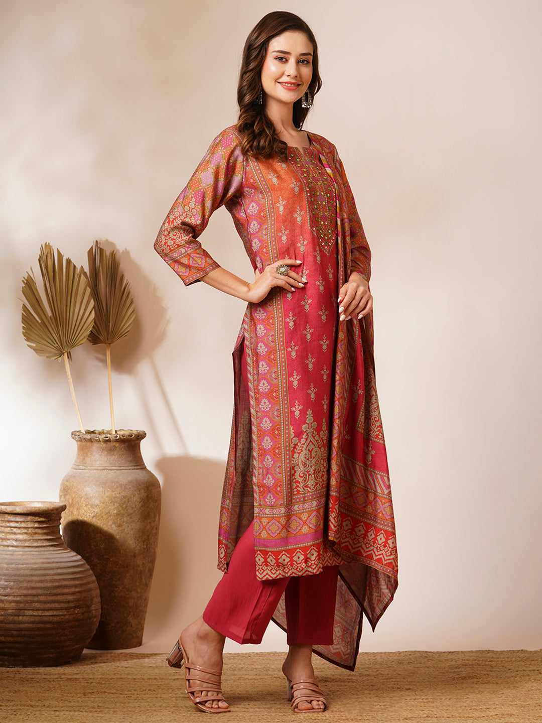 Ethnic Floral Printed Straight Fit Kurta with Pant and Printed Dupatta - Pink