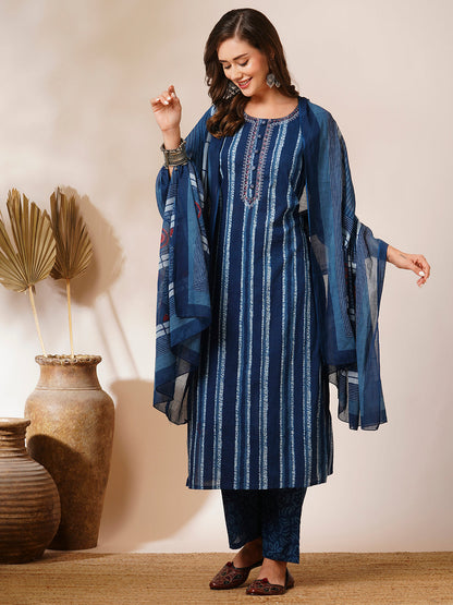 Ethnic Stripes Printed Straight Fit Kurta with Pant and Dupatta - Blue