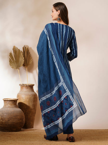 Ethnic Stripes Printed Straight Fit Kurta with Pant and Dupatta - Blue