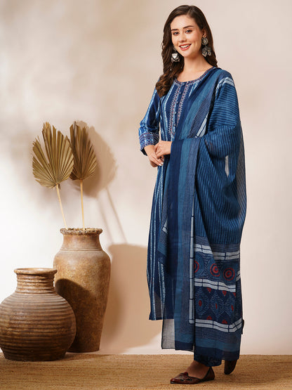 Ethnic Stripes Printed Straight Fit Kurta with Pant and Dupatta - Blue