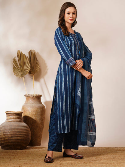 Ethnic Stripes Printed Straight Fit Kurta with Pant and Dupatta - Blue