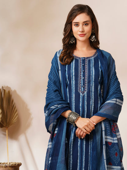 Ethnic Stripes Printed Straight Fit Kurta with Pant and Dupatta - Blue