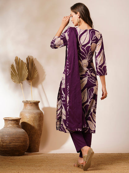 Abstract Floral Printed & Embroidered Straight Fit Kurta with Pant and Dupatta - Deep Purple