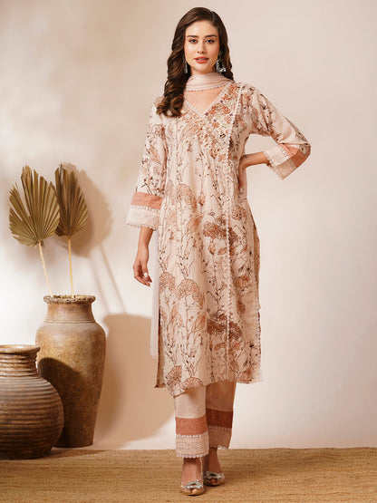 Abstract Floral Printed & Embroidered Straight Fit Kurta with Pant and Dupatta - Nude