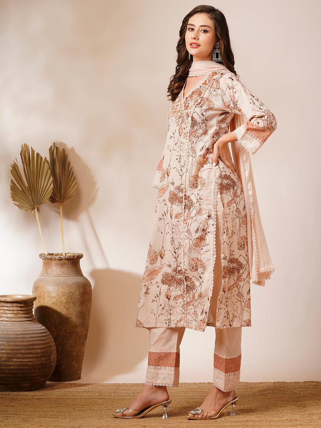 Abstract Floral Printed & Embroidered Straight Fit Kurta with Pant and Dupatta - Nude