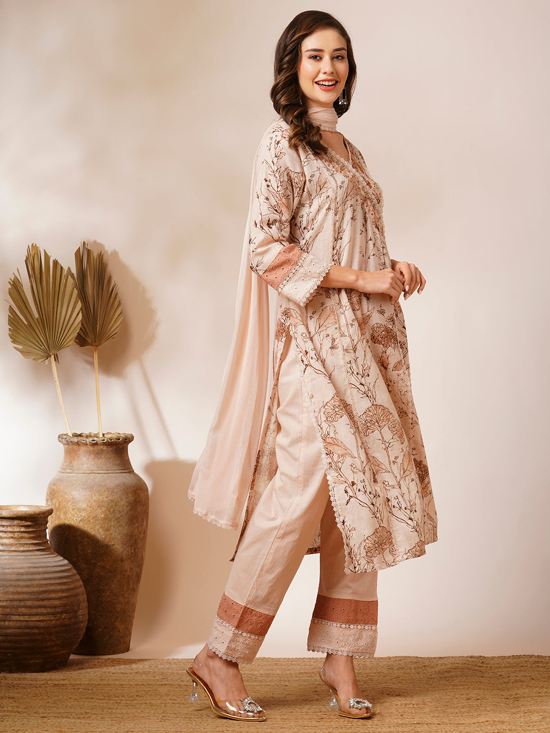 Abstract Floral Printed & Embroidered Straight Fit Kurta with Pant and Dupatta - Nude