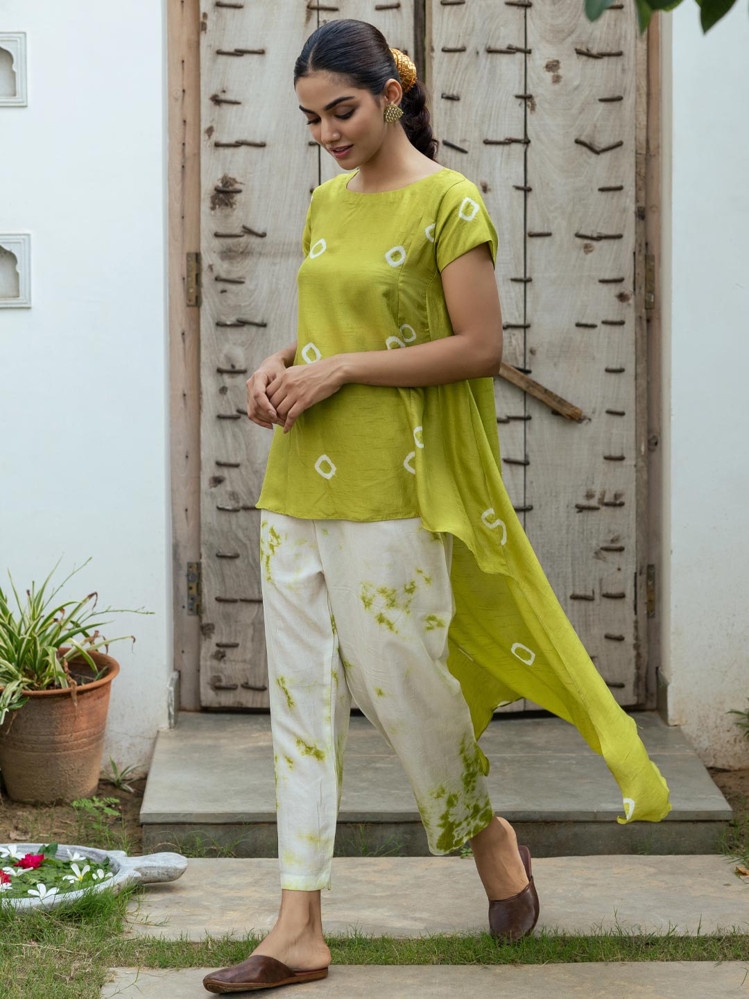 Ethnic Shibori Dyed A-Line High Low Kurta with Shibori Dyed Pant - Green